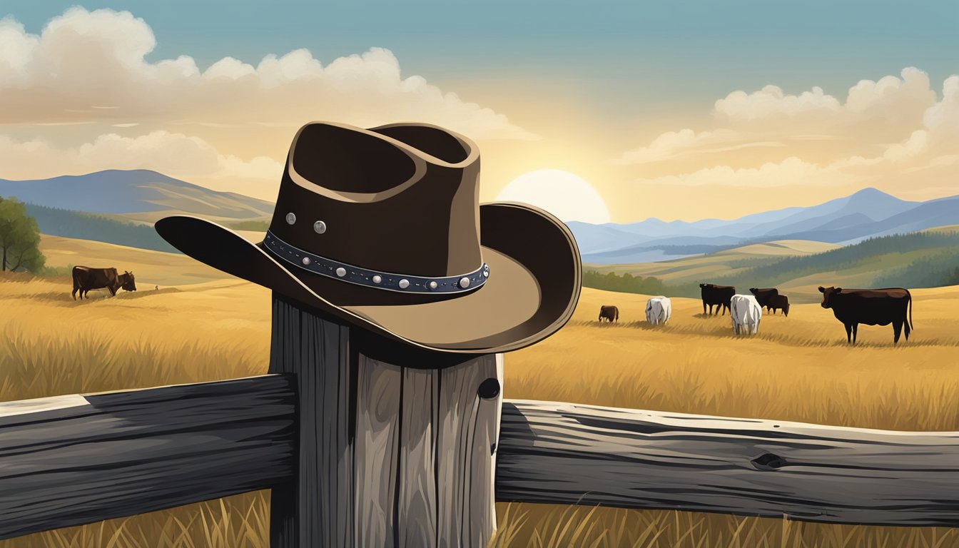 A rugged cowboy hat hangs on a weathered fence post, surrounded by rolling hills and grazing cattle