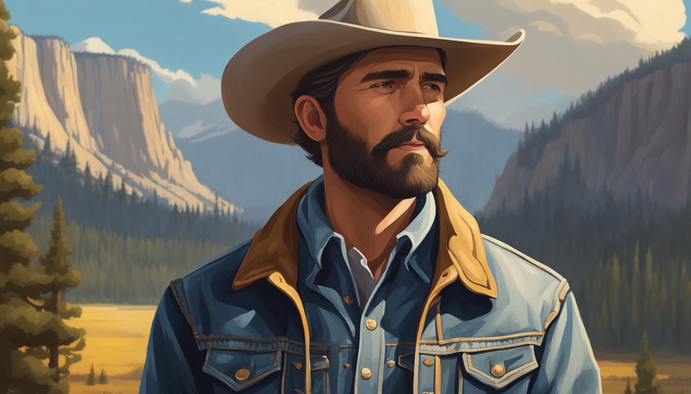 A rugged cowboy in a Stetson hat and denim jacket stands confidently in front of a backdrop of the Yellowstone National Park, exuding the spirit of the wild west