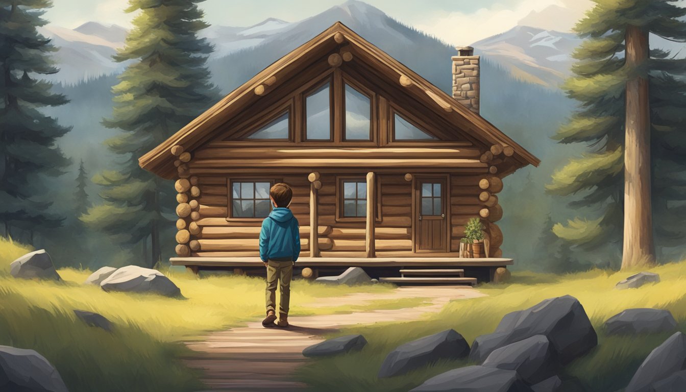 A young boy standing in front of a rustic log cabin, surrounded by tall pine trees and a mountainous backdrop