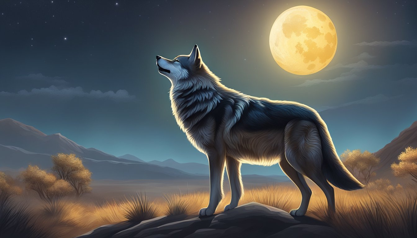 A lone wolf howling at the moon in a vast, open landscape