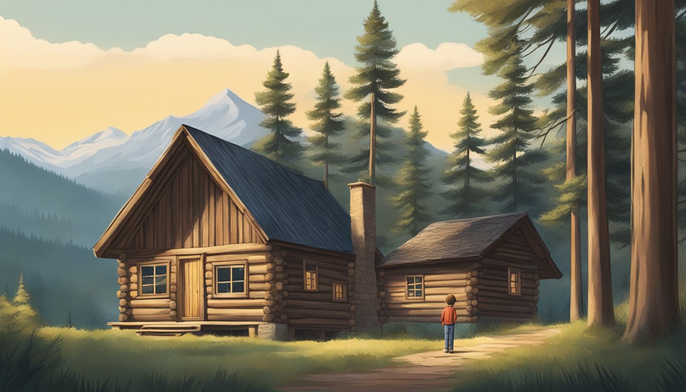 A young boy stands in front of a rustic cabin, surrounded by tall pine trees and mountains in the background