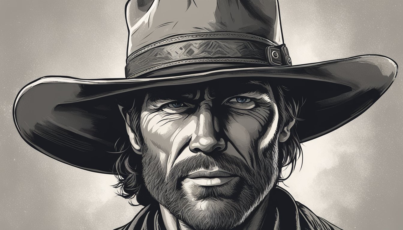 A rugged cowboy hat and weathered face with a steely gaze