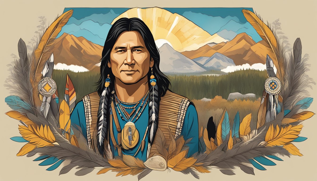 Gil Birmingham's portrait surrounded by symbols of Native American culture and Yellowstone fandom