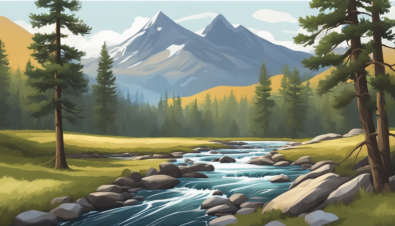 A rugged landscape with a flowing river, pine trees, and a mountain backdrop