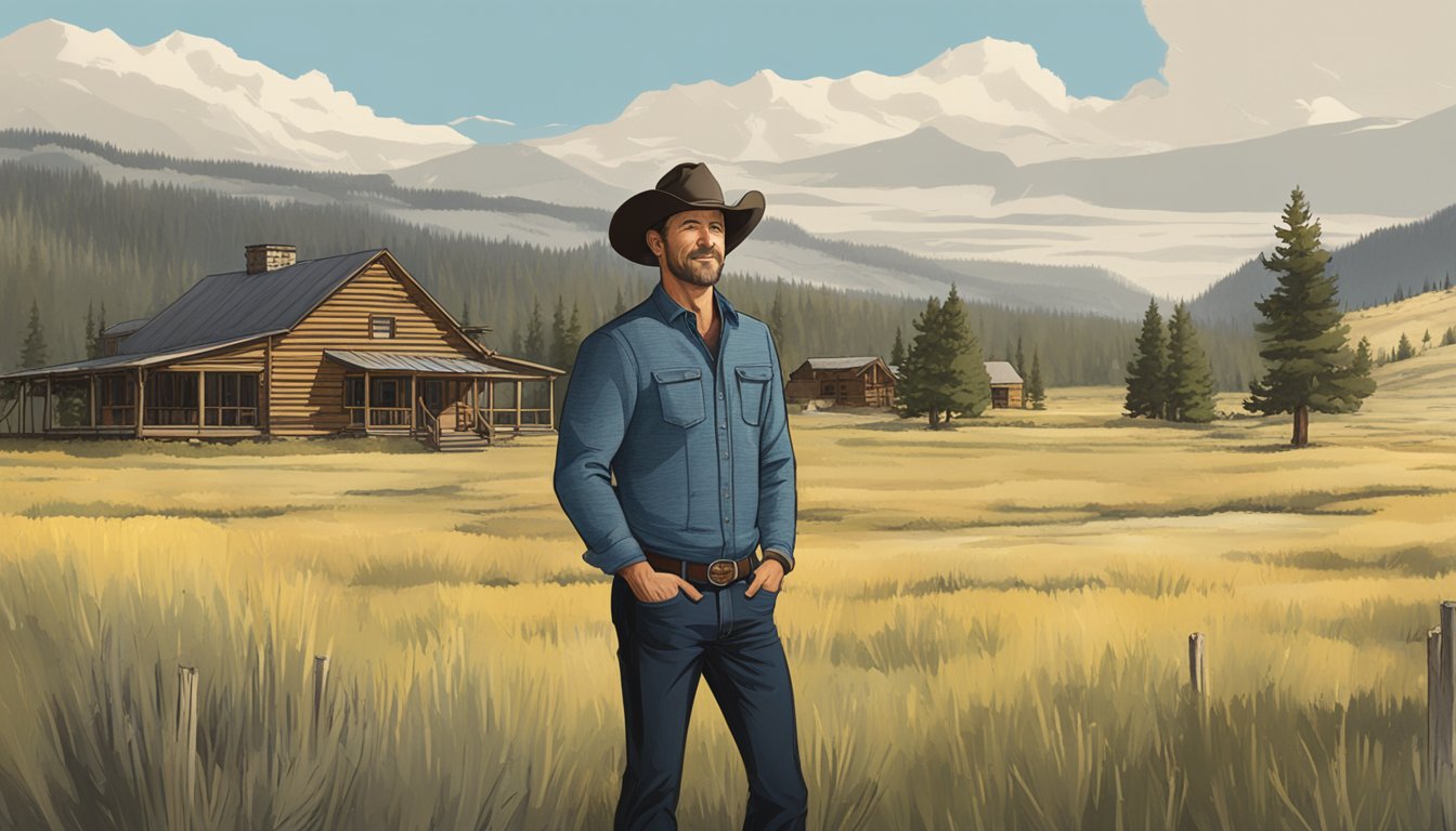 Ian Bohen standing in front of the iconic Yellowstone ranch, with the rugged landscape and rolling hills in the background