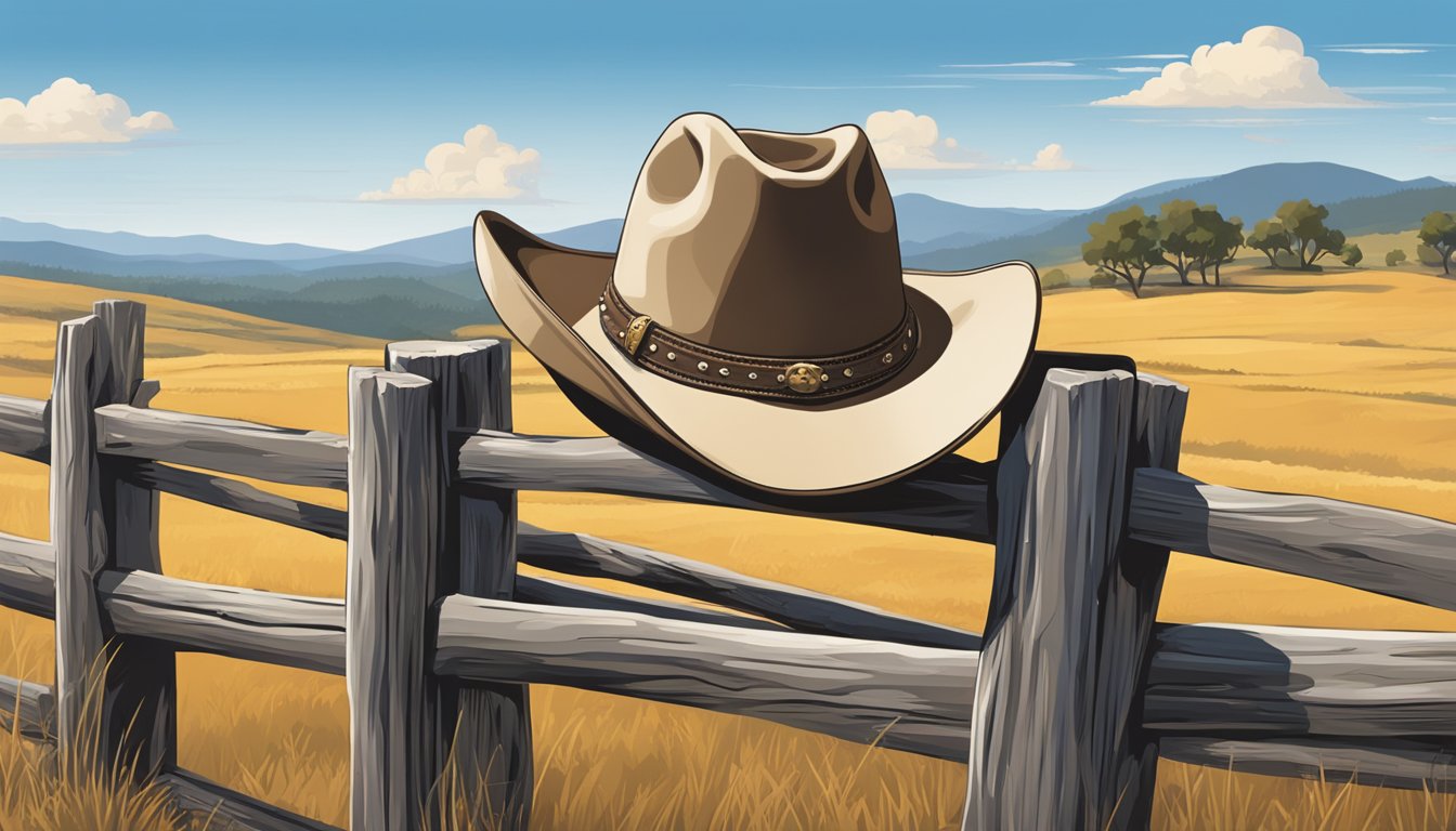 A cowboy hat resting on a weathered fence post, with a backdrop of rolling hills and a clear blue sky