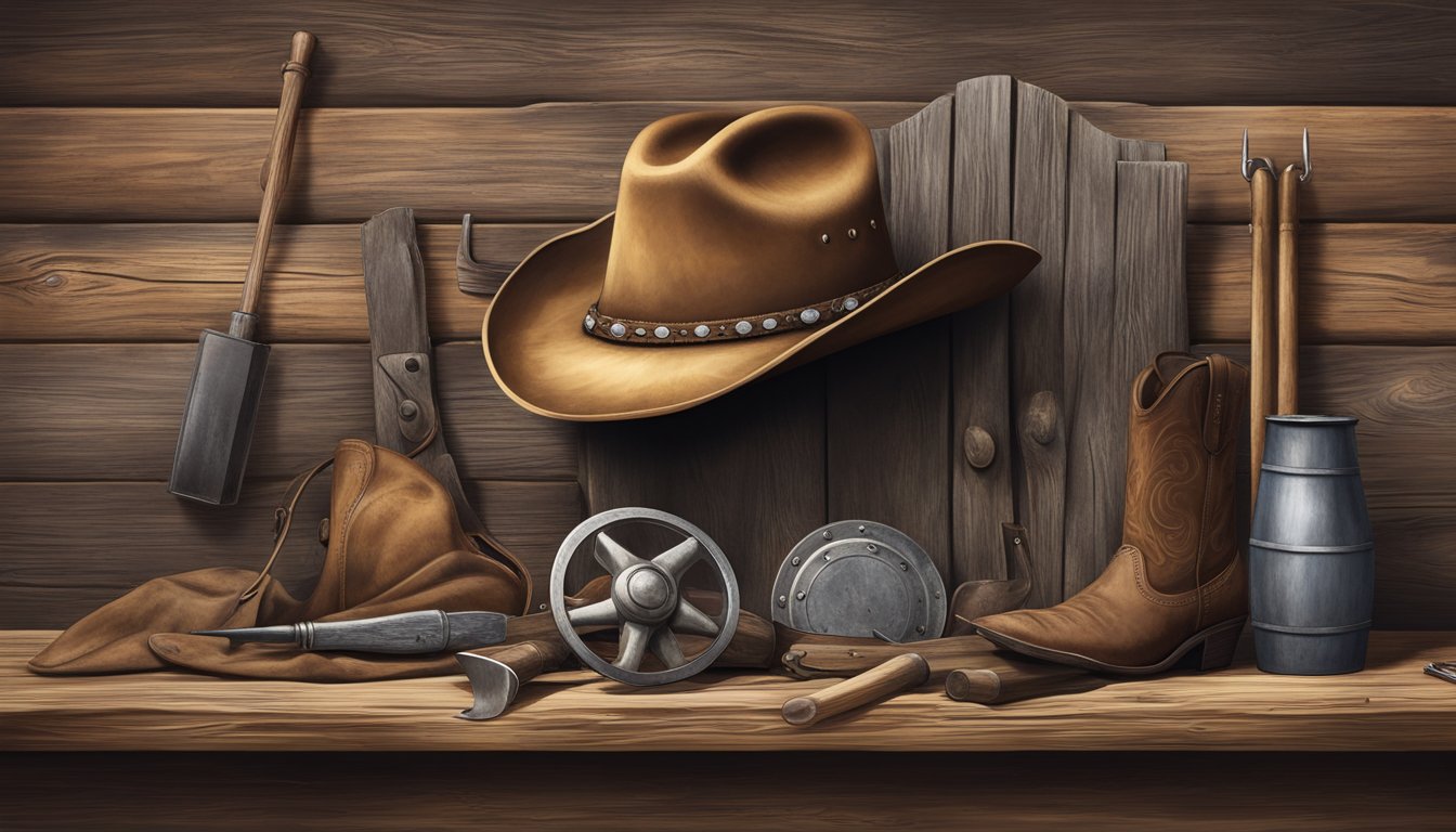 A rugged cowboy hat hanging on a weathered wooden post, surrounded by vintage Western props and tools