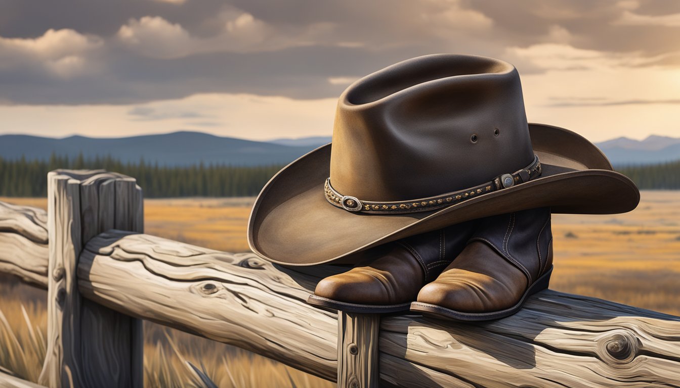 A rugged cowboy hat and weathered boots rest on a wooden fence, surrounded by the vast expanse of the Yellowstone wilderness