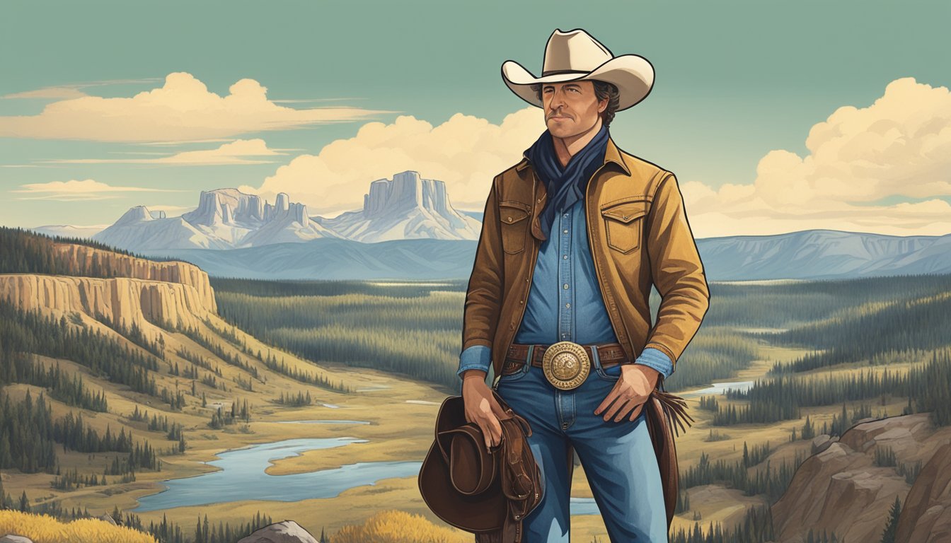 Denim Richards in cowboy attire, surrounded by western landscape and iconic Yellowstone scenery