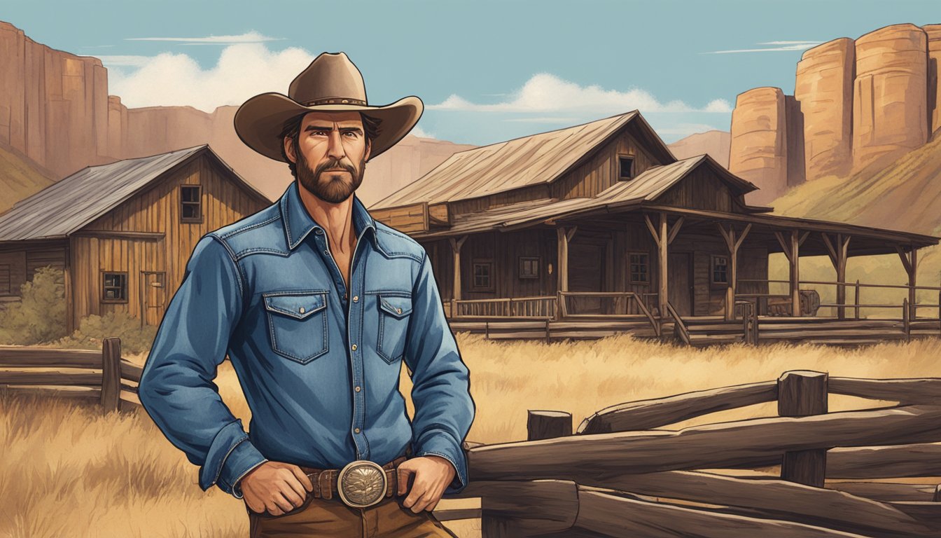 Denim Richards stands confidently in front of a rustic western backdrop, exuding strength and determination