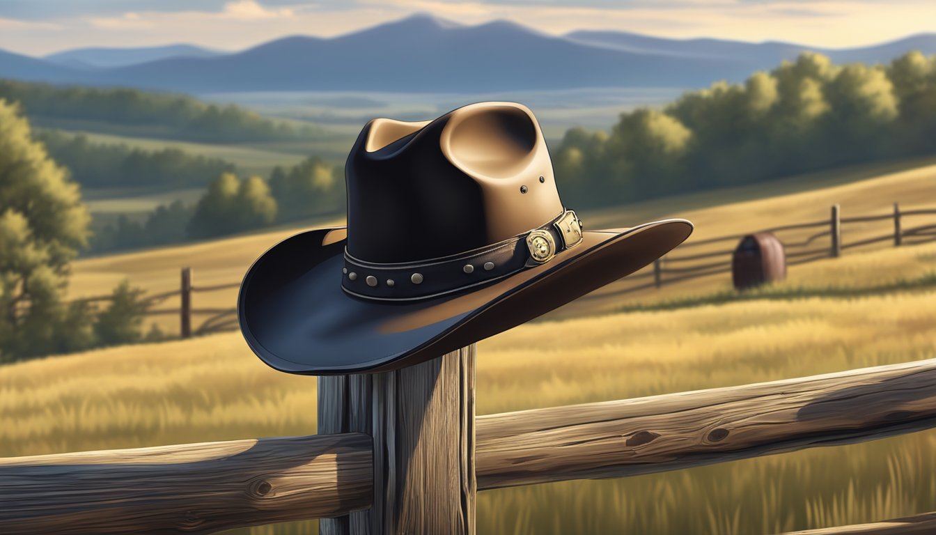 A rugged cowboy hat and leather jacket hung on a weathered wooden fence post, with a backdrop of rolling hills and a rustic barn