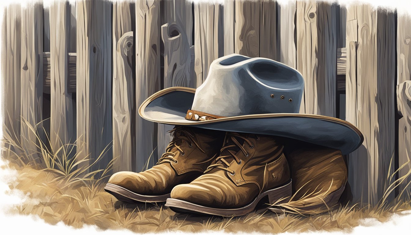 A rugged cowboy hat resting on a weathered fence post, with a pair of well-worn cowboy boots placed nearby