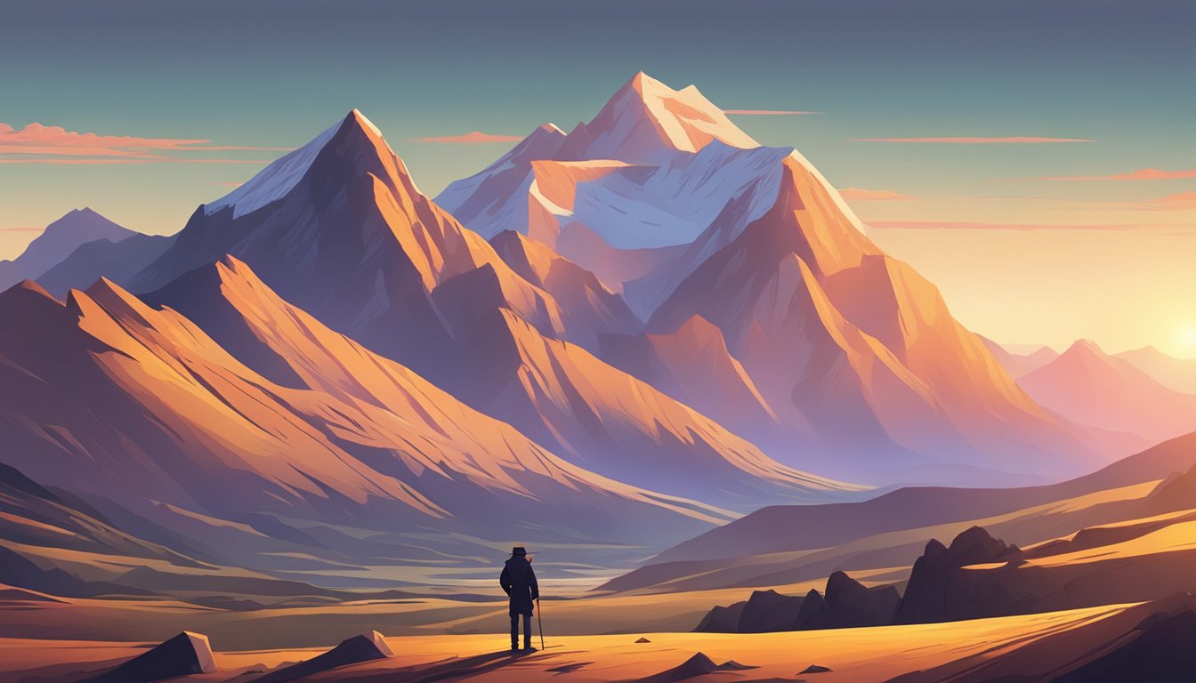 A rugged landscape with a lone figure standing in front of a dramatic mountain range at sunset