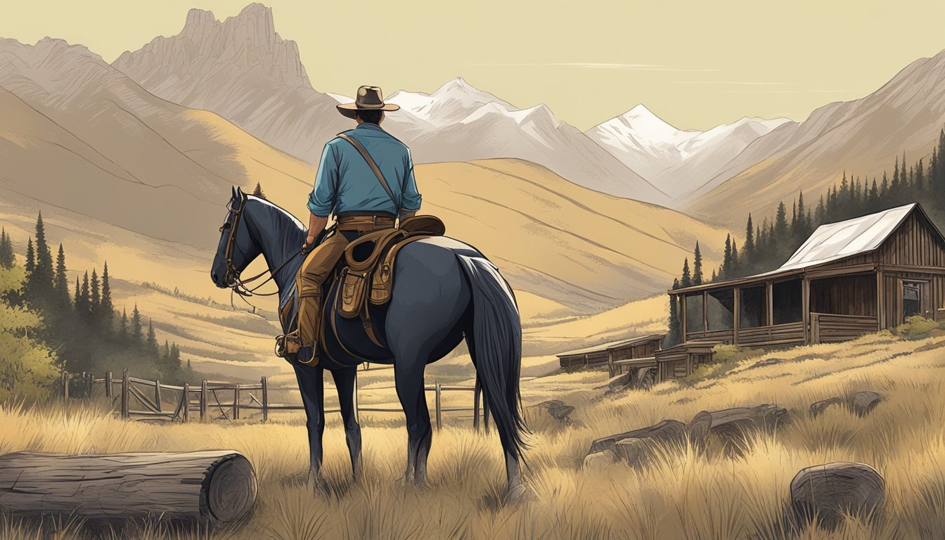 A rugged, outdoor setting with mountains in the background and a rustic, western-style outfit