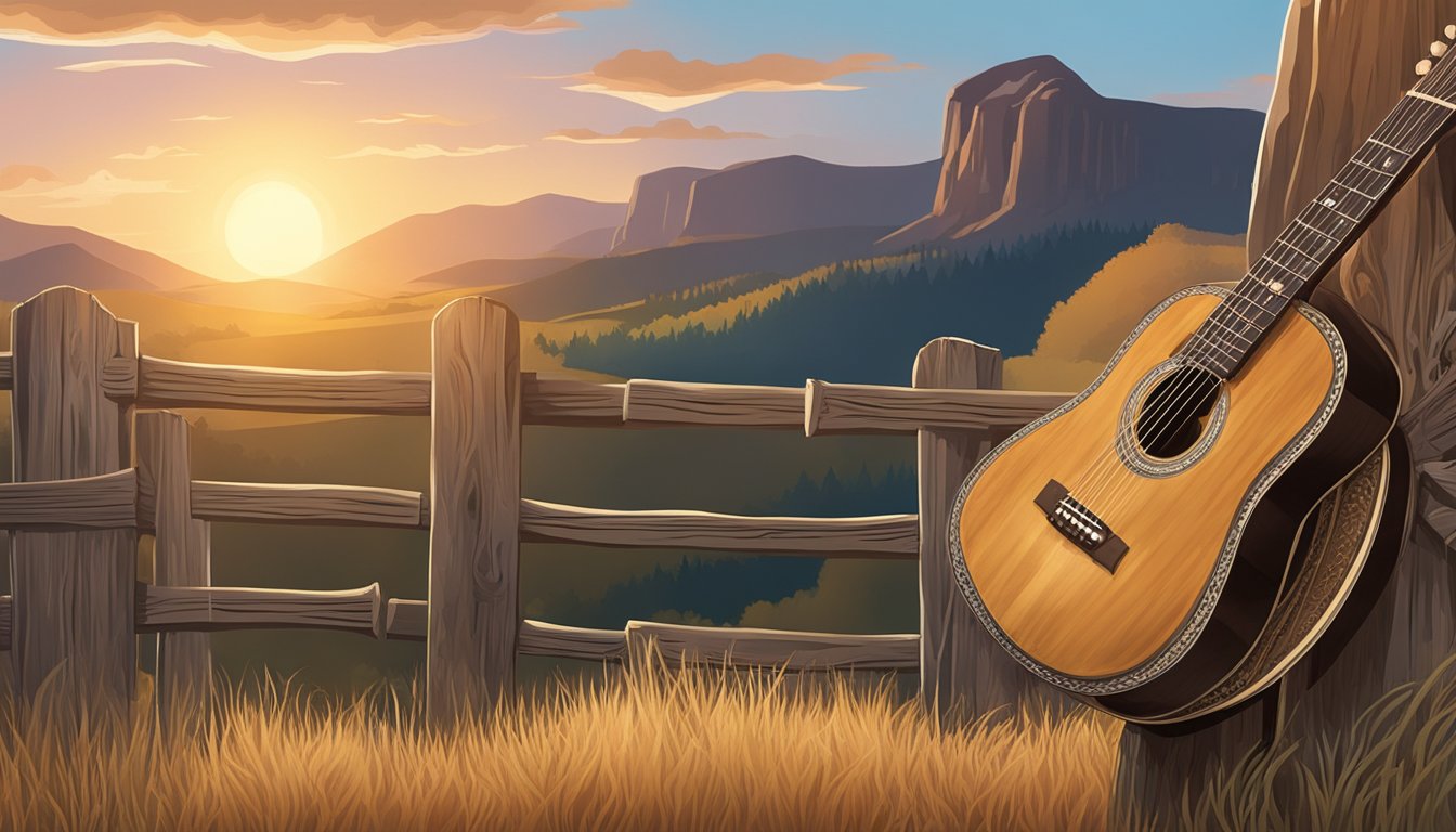 A cowboy hat and guitar resting against a weathered fence post, with a backdrop of rolling hills and a setting sun