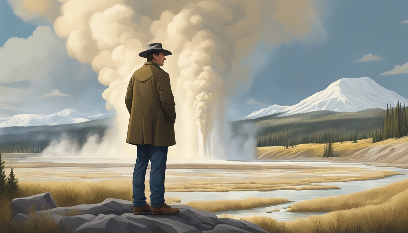 A portrait of Gabriel Guilbeau against a backdrop of Yellowstone's geysers and wildlife, capturing the essence of his character and connection to the natural environment