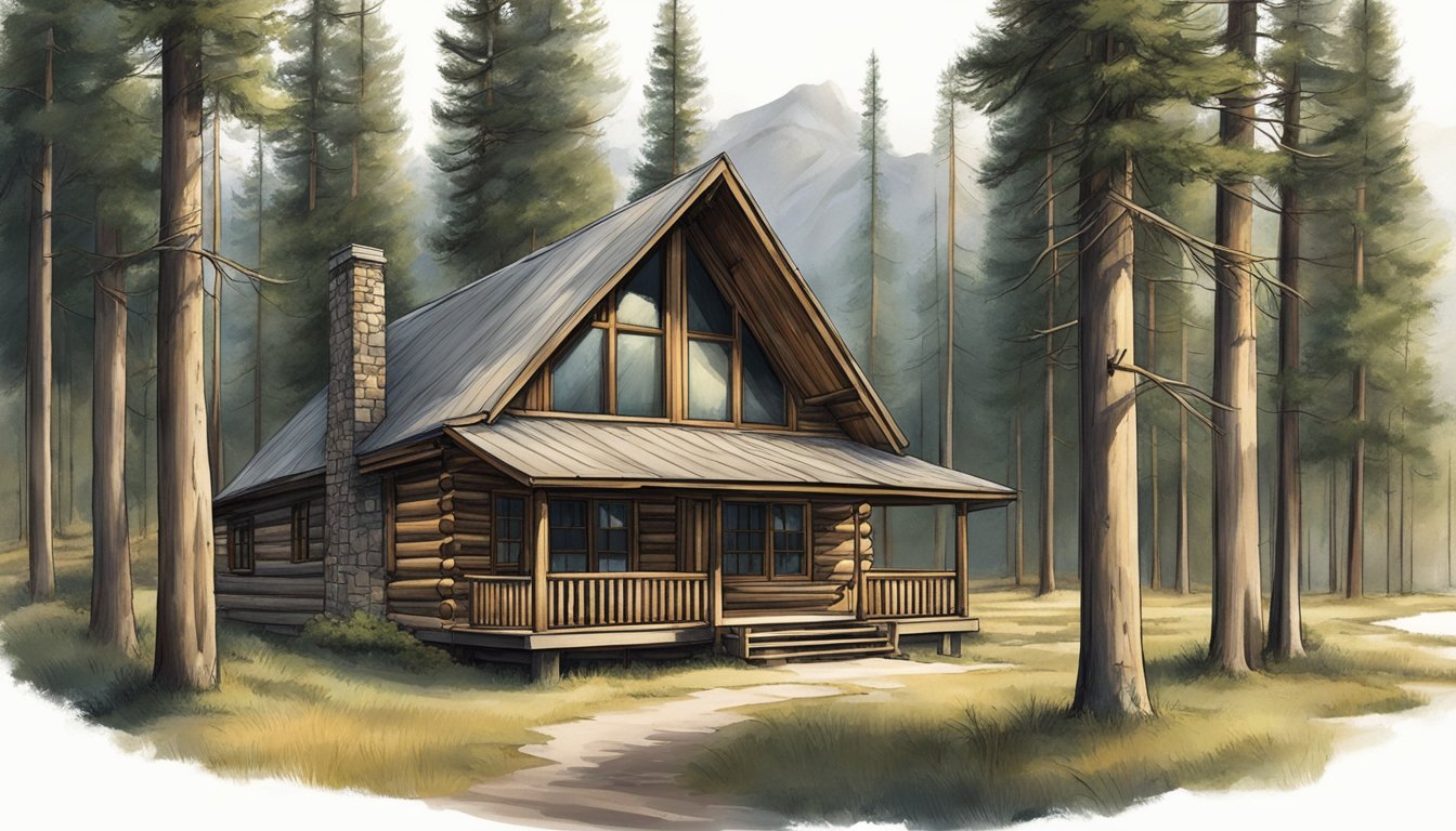 A rustic cabin with a porch nestled among tall pine trees in the serene wilderness of Yellowstone National Park