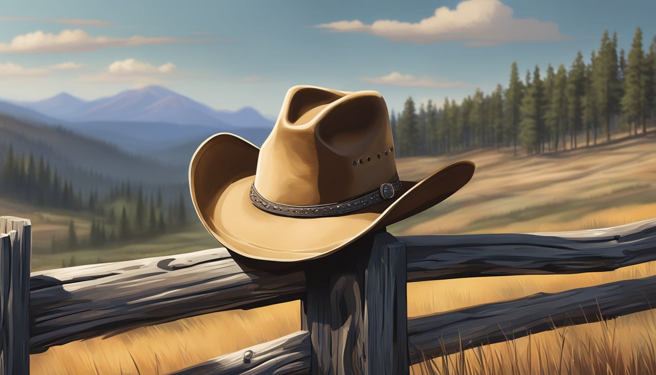 A cowboy hat resting on a weathered fence post, with a rugged landscape in the background