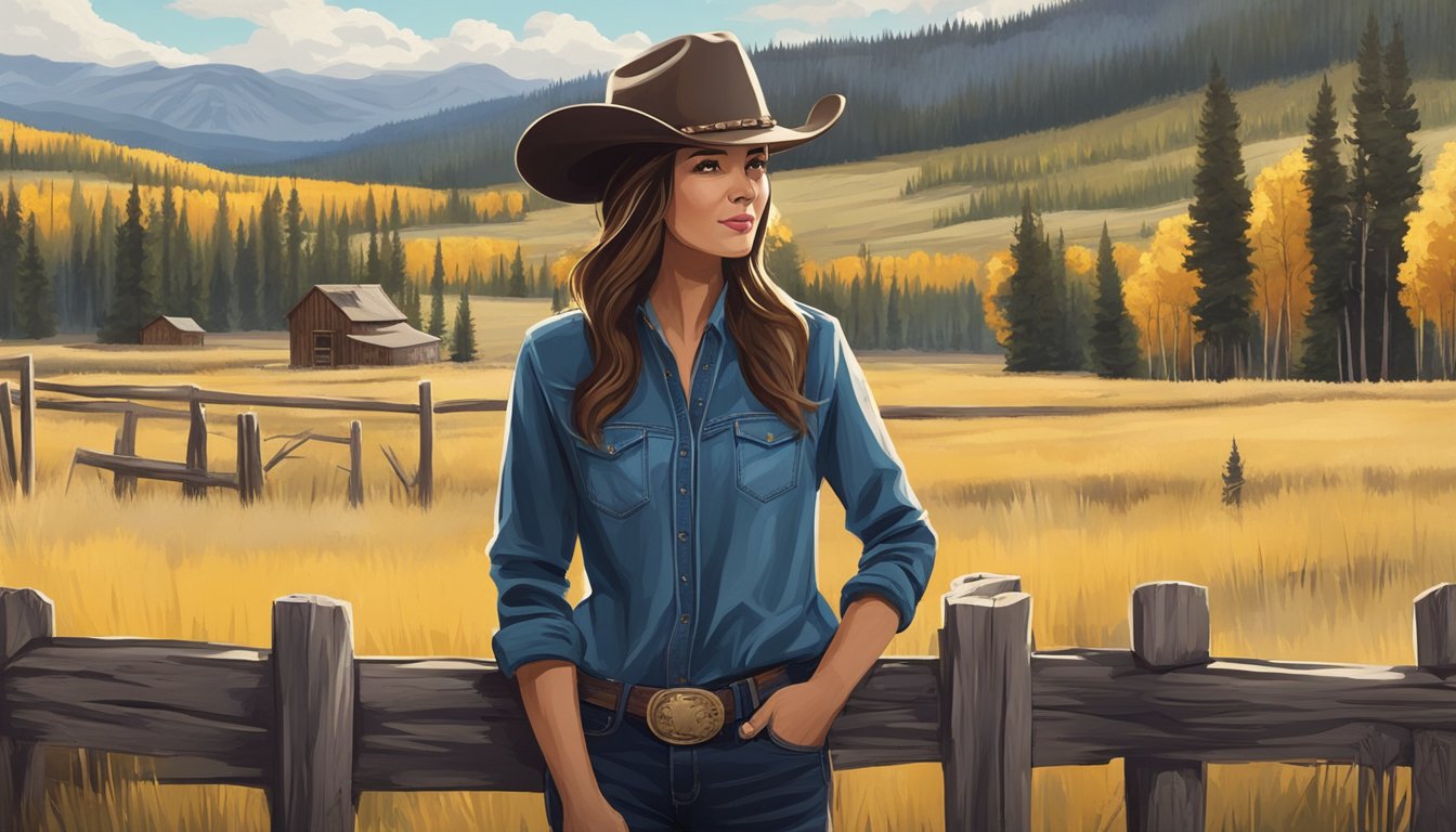 A young woman in a cowboy hat stands in front of a rustic wooden fence, surrounded by the natural beauty of the Yellowstone landscape