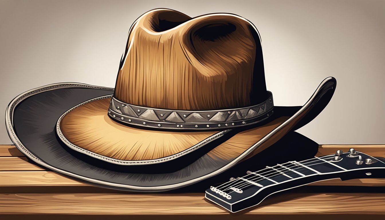 A rugged cowboy hat, weathered guitar, and dusty boots on a wooden stage