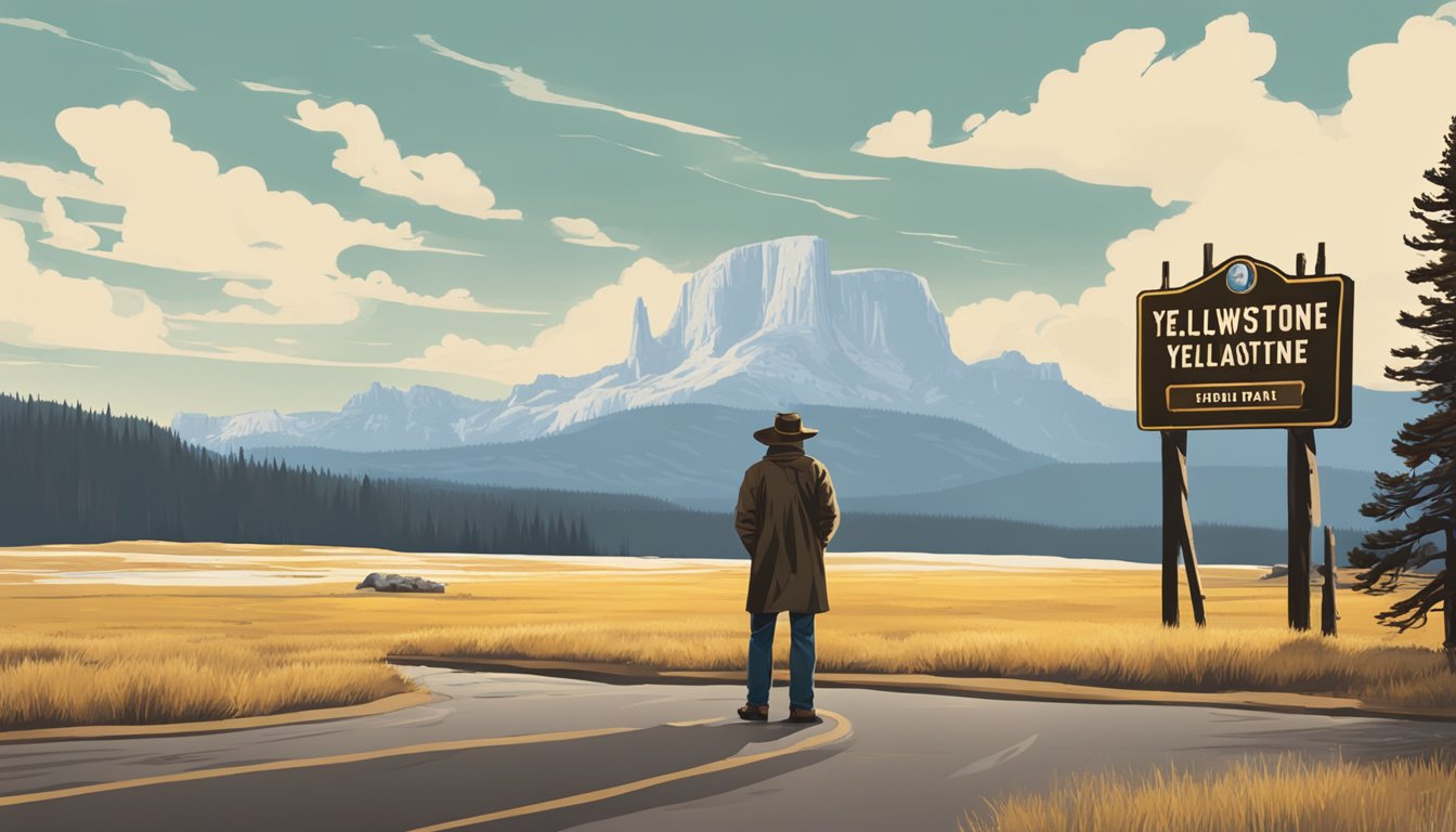 A lone figure stands in front of the iconic Yellowstone sign, with the rugged beauty of the national park in the background