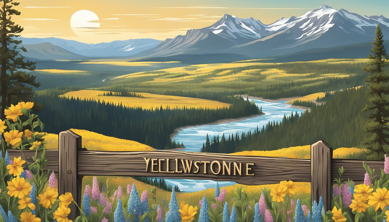 A rustic wooden sign with the Yellowstone logo, surrounded by wildflowers and a backdrop of the iconic Yellowstone landscape