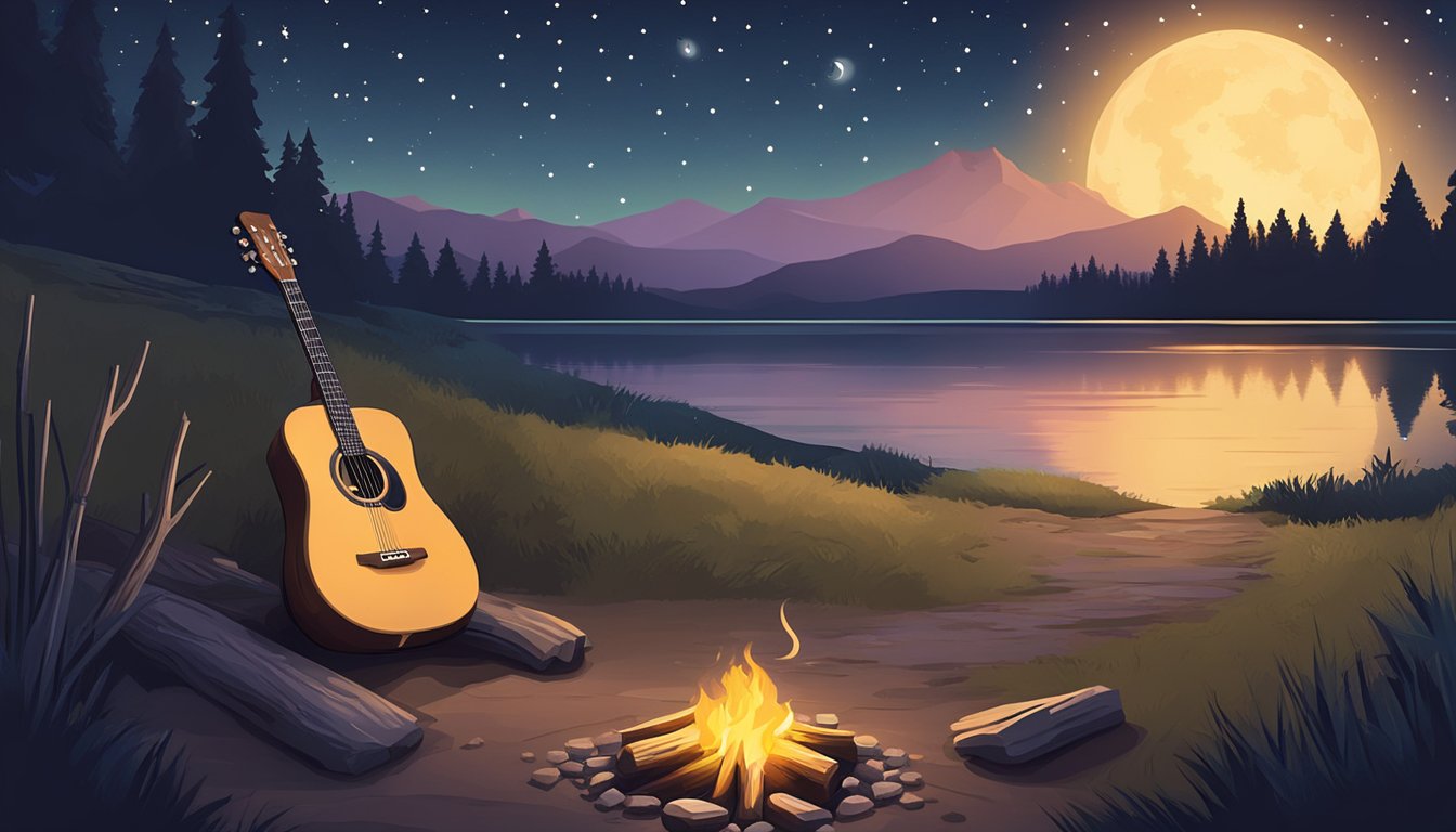 A lone guitar sits beside a campfire under a starry night sky. A cowboy hat rests on the ground nearby