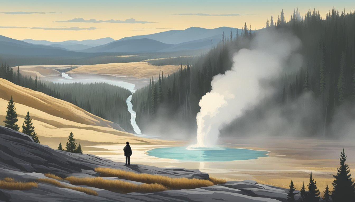 A lone figure stands amidst the geysers of Yellowstone, gazing out at the vast landscape with a sense of quiet determination