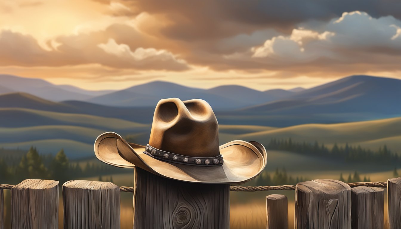 A rugged cowboy hat and weathered boots sit on a wooden fence post, surrounded by rolling hills and a dramatic sky