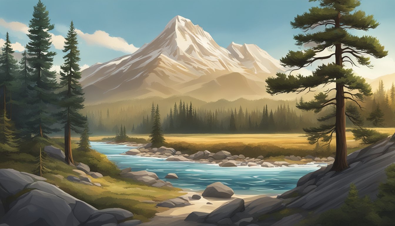 A rugged landscape with a flowing river, towering pine trees, and a majestic mountain range in the background