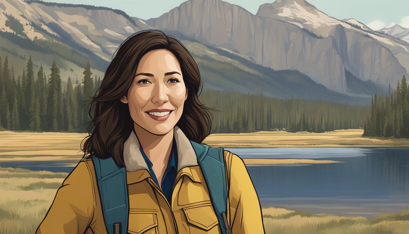 Michaela Conlin in front of Yellowstone backdrop, wearing castmember attire