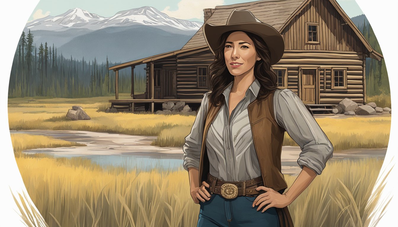 Michaela Conlin in Western attire, standing in front of a rustic cabin with a backdrop of the Yellowstone National Park