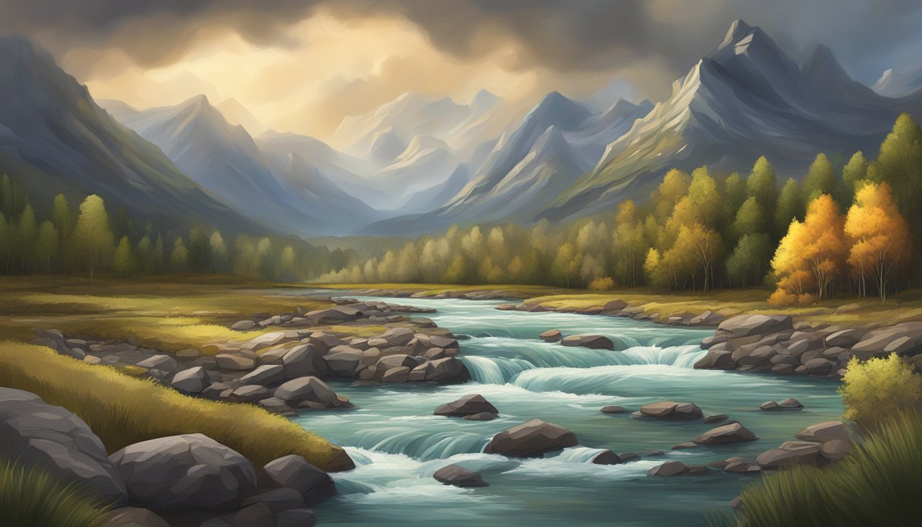 A rugged landscape with a river flowing through it, framed by towering mountains and a dramatic sky