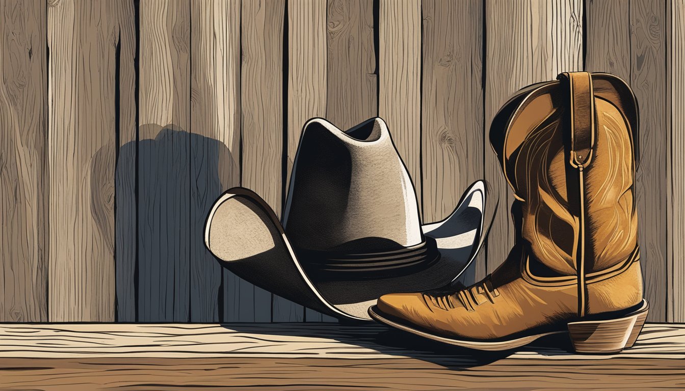 A rugged cowboy hat sits atop a weathered wooden fence post, casting a shadow over a pair of well-worn cowboy boots