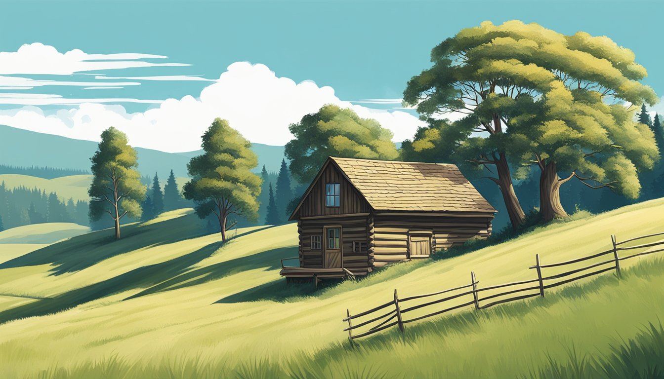 A serene landscape with rolling hills and a clear blue sky, featuring a lone cabin nestled among the trees