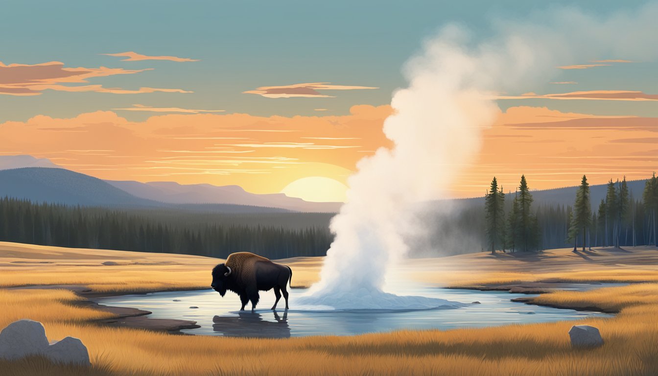 A lone bison grazes near a steaming geyser, as the sun sets over the vibrant landscape of Yellowstone National Park