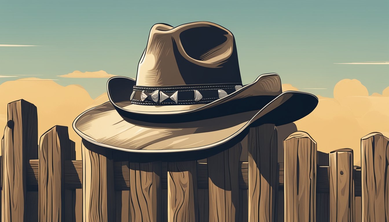 A rugged cowboy hat rests on a weathered wooden fence post, casting a shadow in the warm afternoon sun