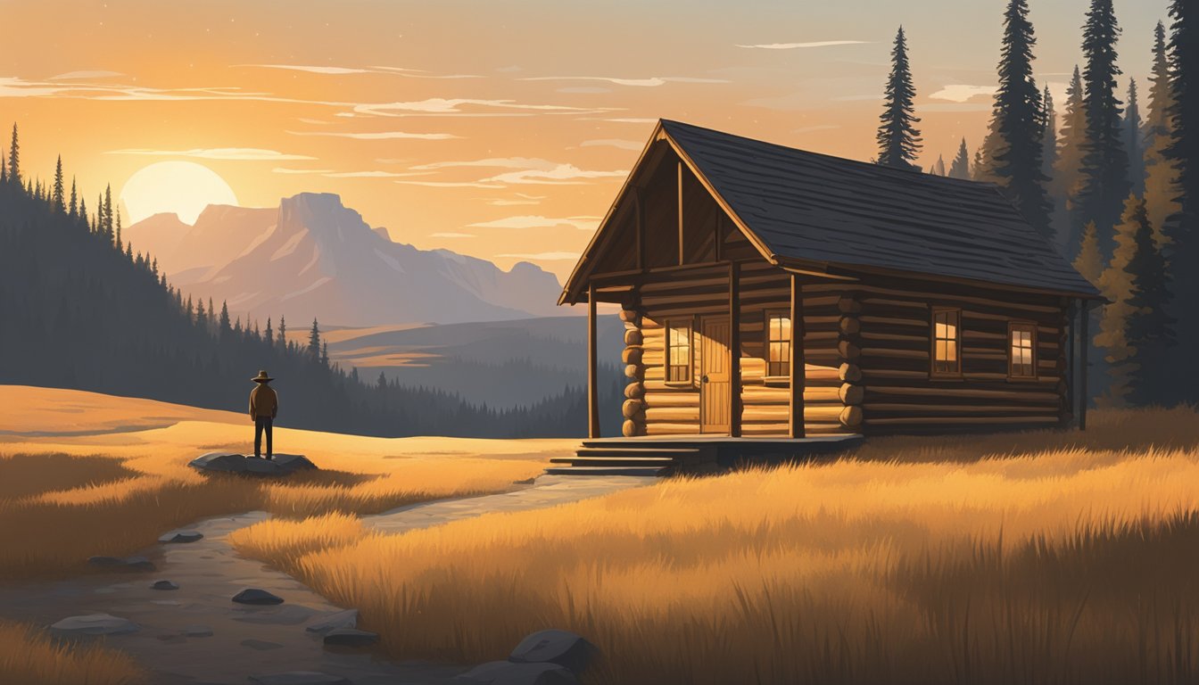 A lone figure stands in front of a rustic cabin, surrounded by the iconic landscapes of Yellowstone National Park. The warm glow of the setting sun illuminates the scene