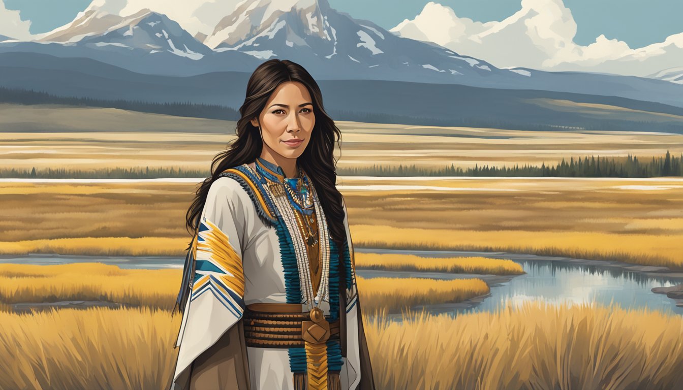 A portrait of Michaela Conlin in traditional Native American regalia, standing against a backdrop of the Yellowstone National Park landscape