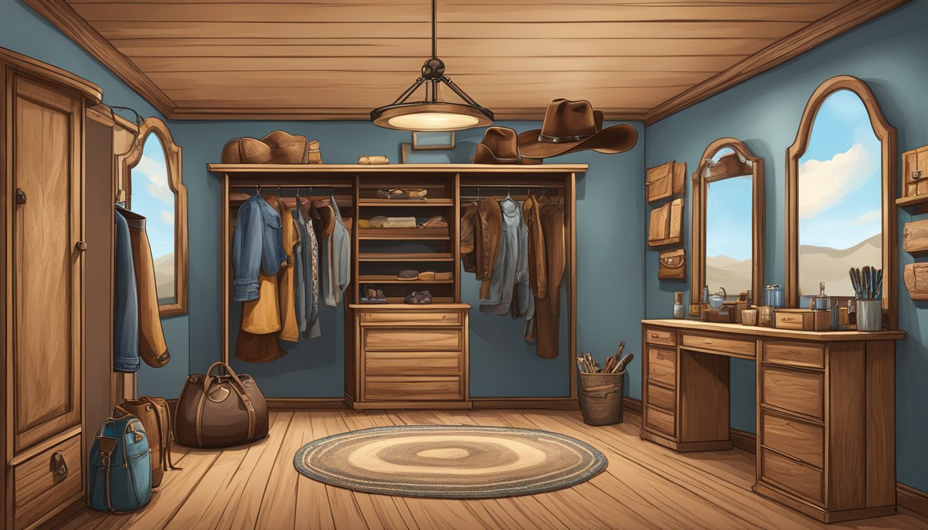 A rustic, western-themed dressing room with costume racks, makeup table, and mirror. A cowboy hat and boots hang on the wall