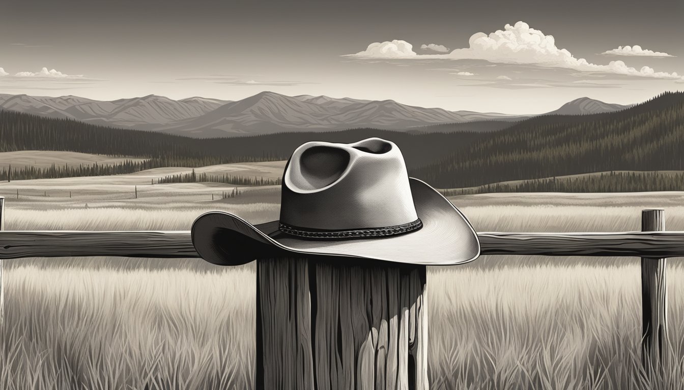 A rugged cowboy hat resting on a weathered wooden fence post, surrounded by the vast expanse of the Yellowstone wilderness