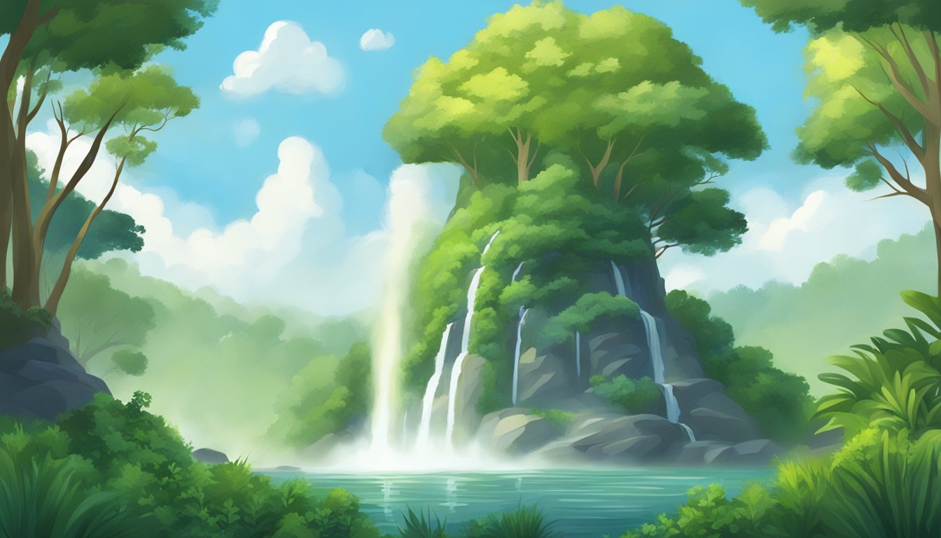 A serene landscape with a bubbling geyser and lush greenery