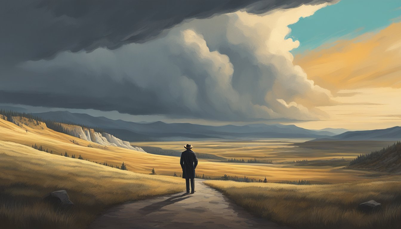 A rugged landscape with a lone figure standing against a dramatic sky, capturing the essence of Danny Huston's character in Yellowstone