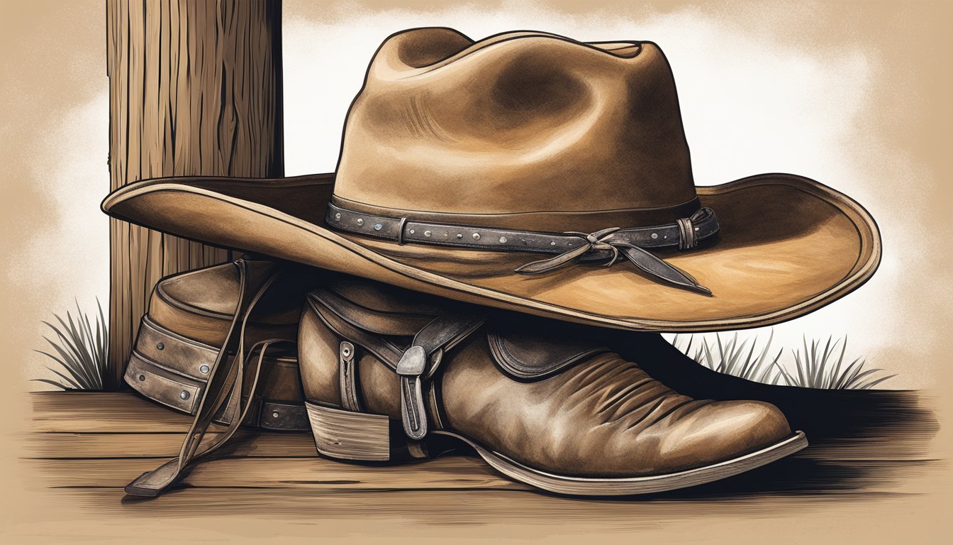 A rugged cowboy hat and weathered leather jacket hang on a wooden post, surrounded by dusty boots and a weathered saddle