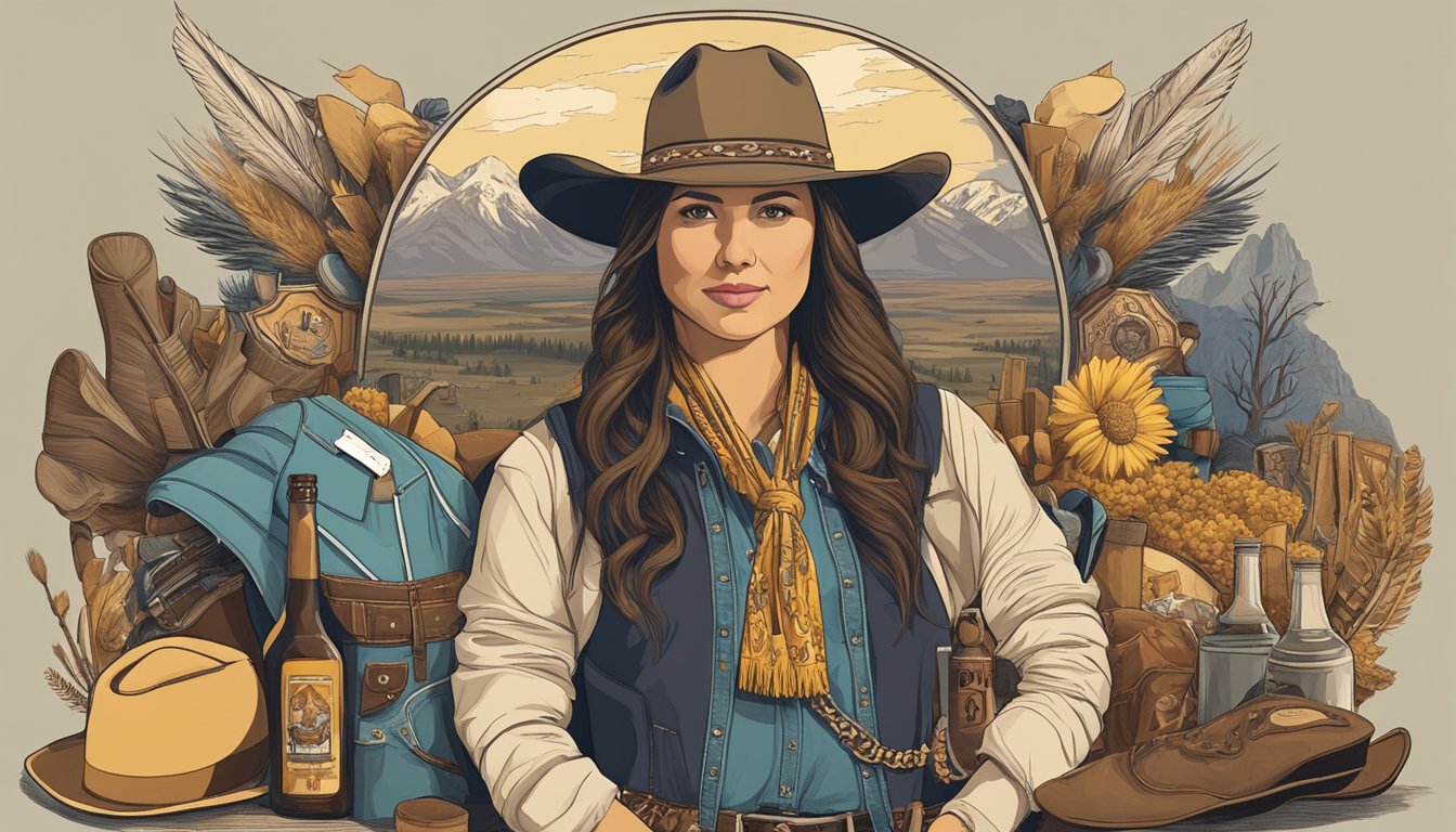 Wendy Moniz's portrait surrounded by western-themed props and symbols of Yellowstone's fanbase and cultural impact