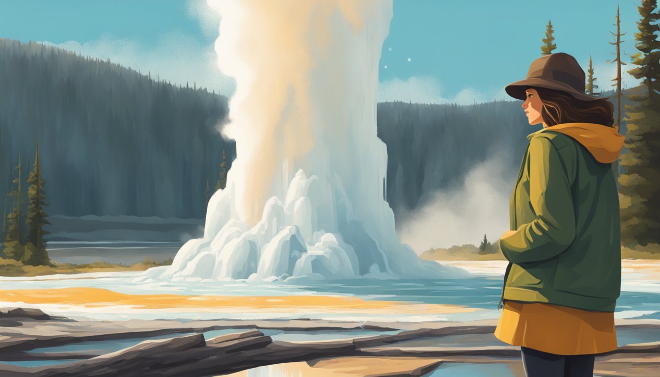 A young woman stands in front of a geyser, surrounded by the natural beauty of Yellowstone National Park. She exudes confidence and strength