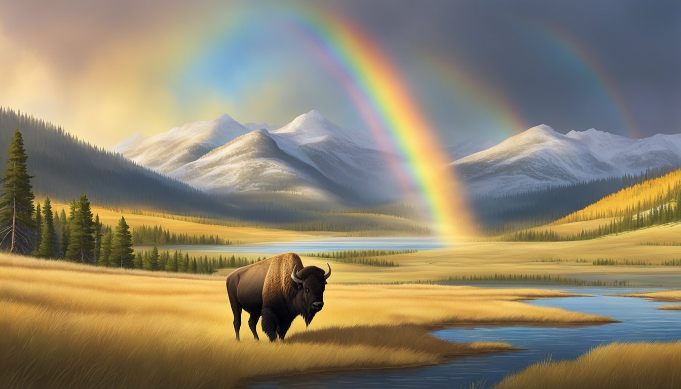 A Yellowstone landscape with a lone bison grazing in the foreground, while a rainbow arches over the distant mountains