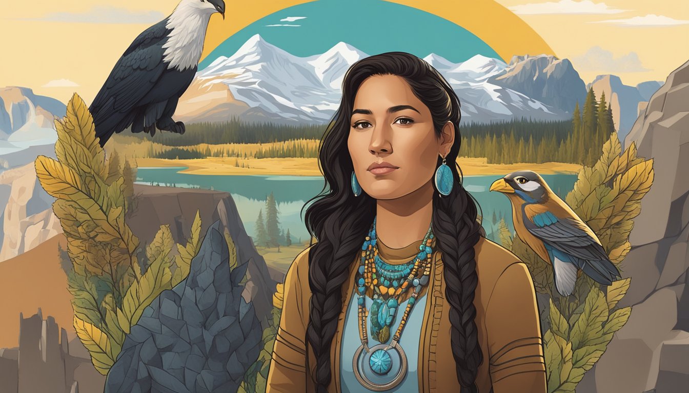 A portrait of Q'orianka Kilcher surrounded by symbols of nature and collaboration, with a backdrop of Yellowstone's iconic landscapes