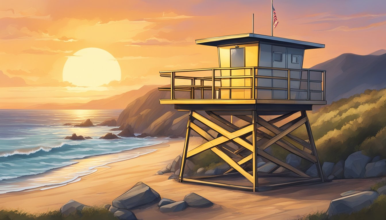 A lifeguard tower overlooking a rugged coastline, with a dramatic sunset casting a golden glow over the scene