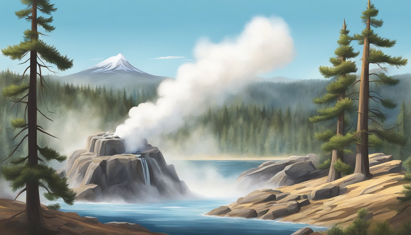 A rugged landscape with a steaming geyser in the background, surrounded by pine trees and a clear blue sky